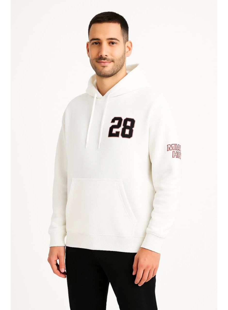 Üç İplik Kapüşonlu Ön Ve Arka Baskılı SweatShirt Hoodie - Beyaz