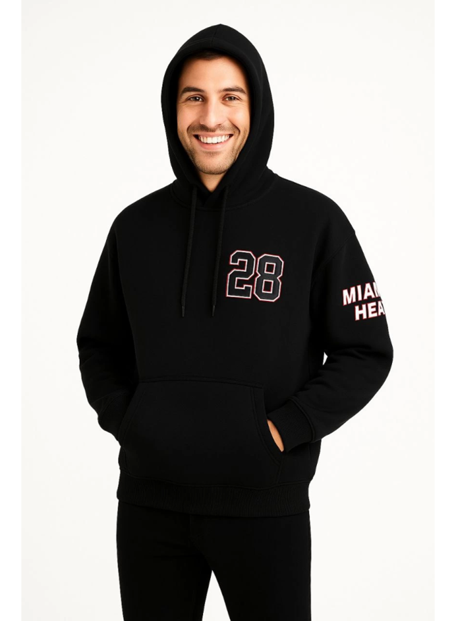 Üç İplik Kapüşonlu Ön Ve Arka Baskılı SweatShirt Hoodie - Siyah