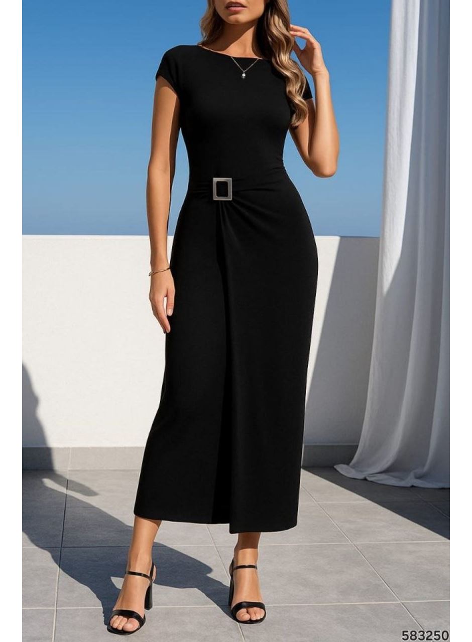 Kadın Sandy Kumaş Metal Toka Detaylı Midi Boy Elbise