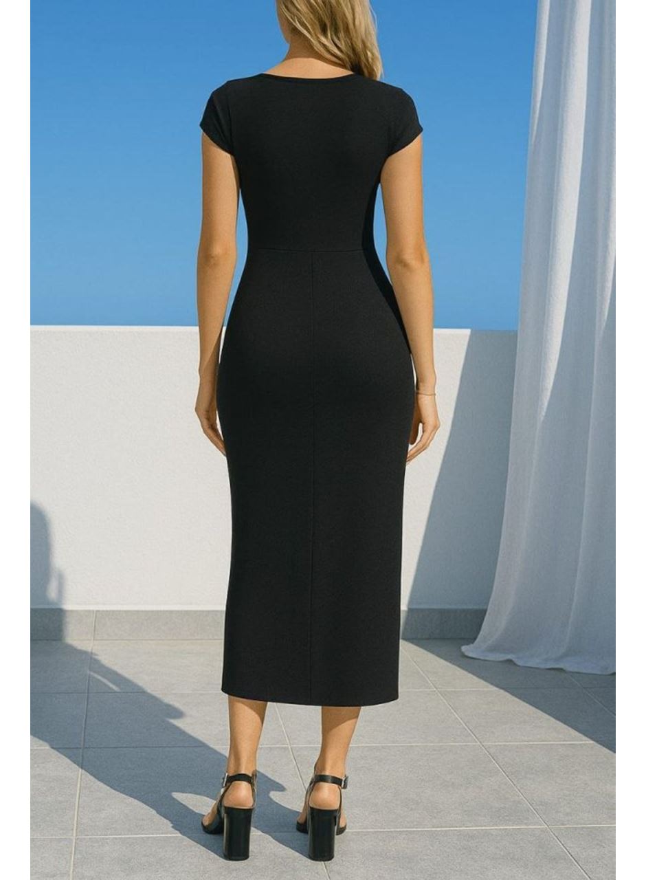 Kadın Sandy Kumaş Metal Toka Detaylı Midi Boy Elbise