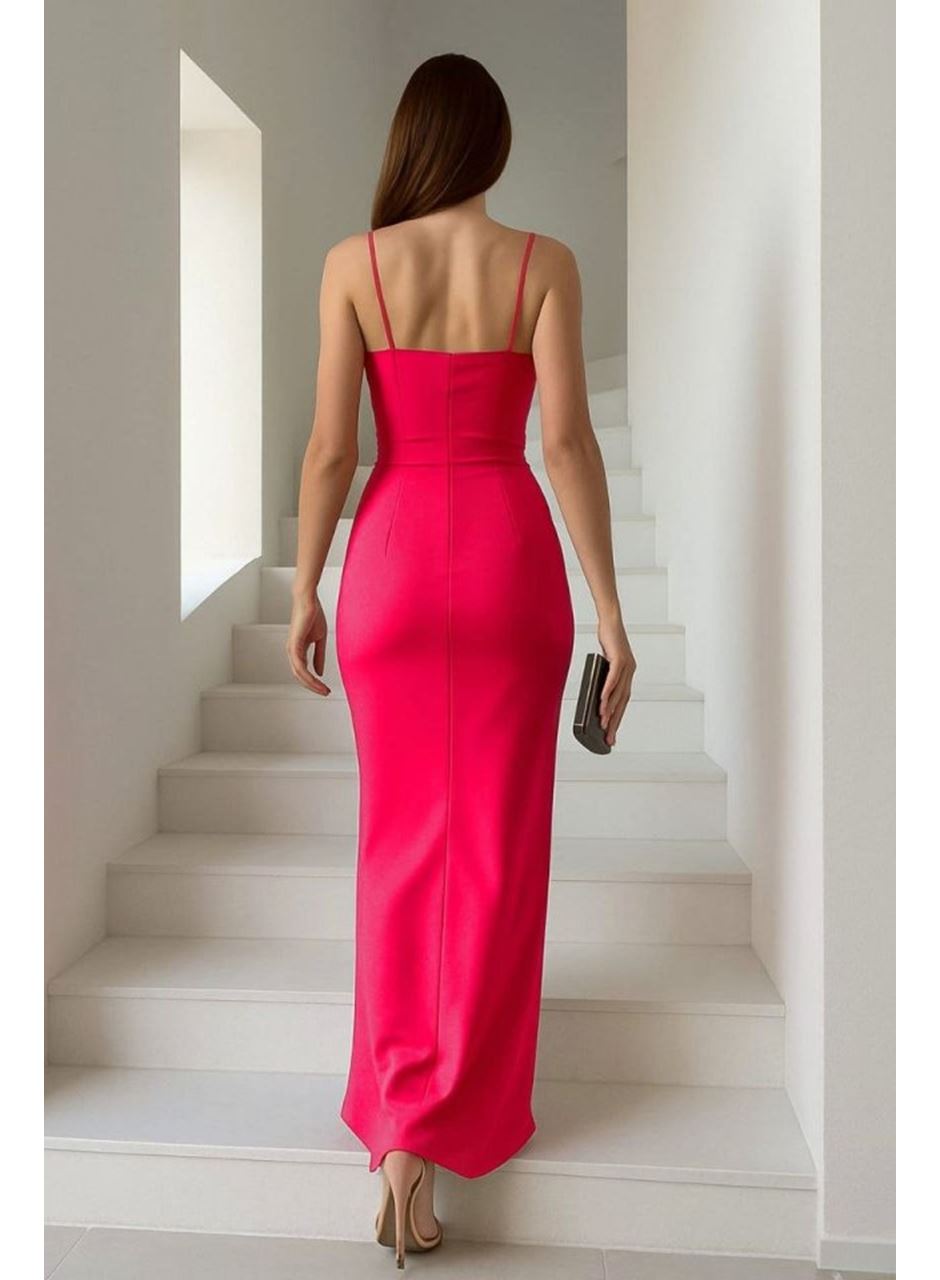 Kadın Dalgıç Kumaş V Yaka Yırtmaç Detaylı Maxi Boy Elbise