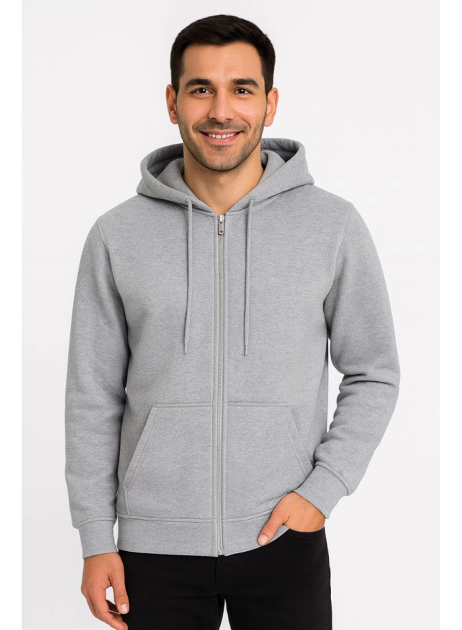 Erkek Üç İplik Kapüşonlu Tam Fermuarlı Kanguru Çepli SweatShirt Hoodie - Gri