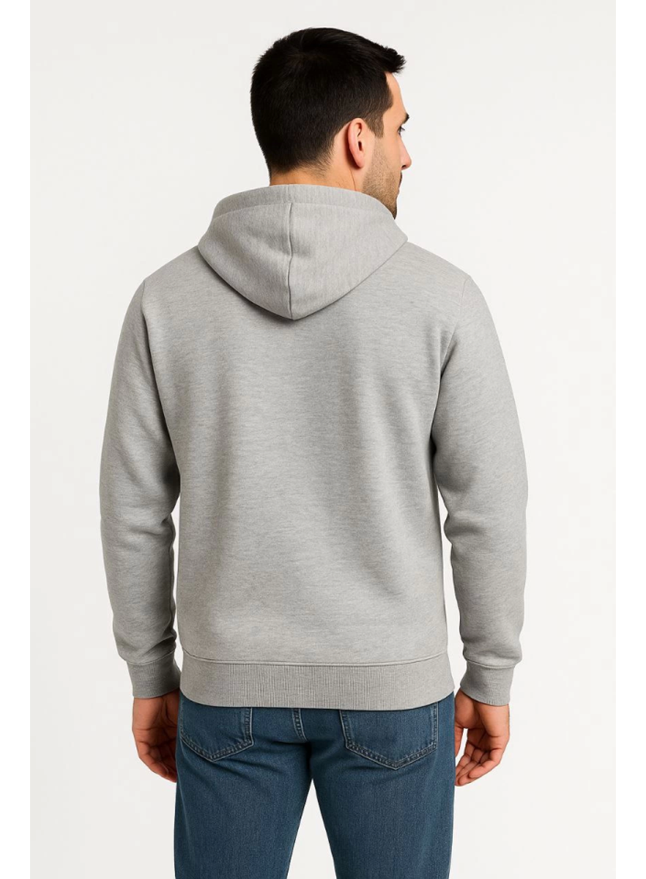 Erkek Üç İplik Kapüşonlu Tam Fermuarlı Kanguru Çepli SweatShirt Hoodie - Gri