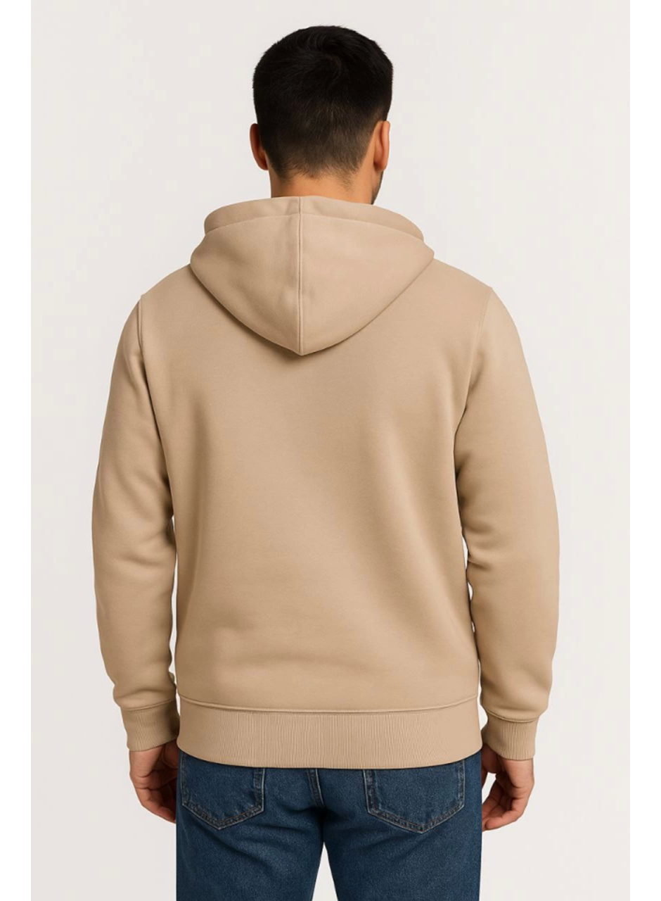 Erkek Üç İplik Kapüşonlu Tam Fermuarlı Kanguru Çepli SweatShirt Hoodie - Bej