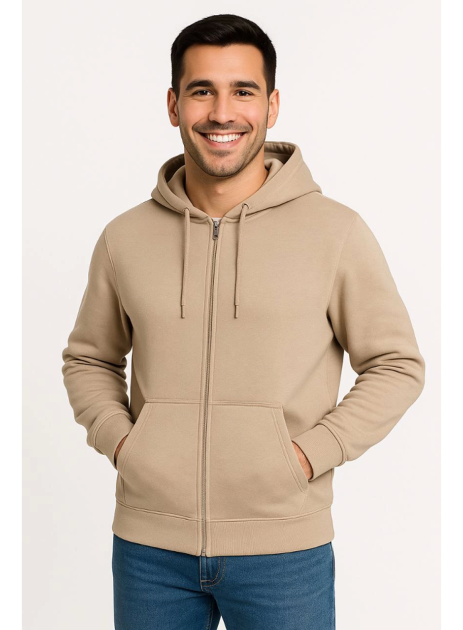 Erkek Üç İplik Kapüşonlu Tam Fermuarlı Kanguru Çepli SweatShirt Hoodie - Bej
