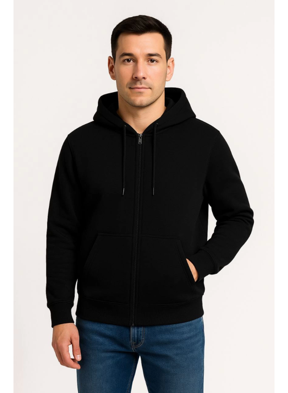 Erkek Üç İplik Kapüşonlu Tam Fermuarlı Kanguru Çepli SweatShirt Hoodie - Siyah