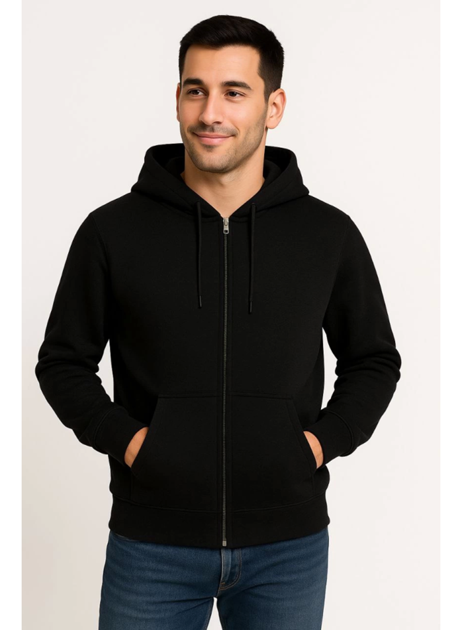 Erkek Üç İplik Kapüşonlu Tam Fermuarlı Kanguru Çepli SweatShirt Hoodie - Siyah