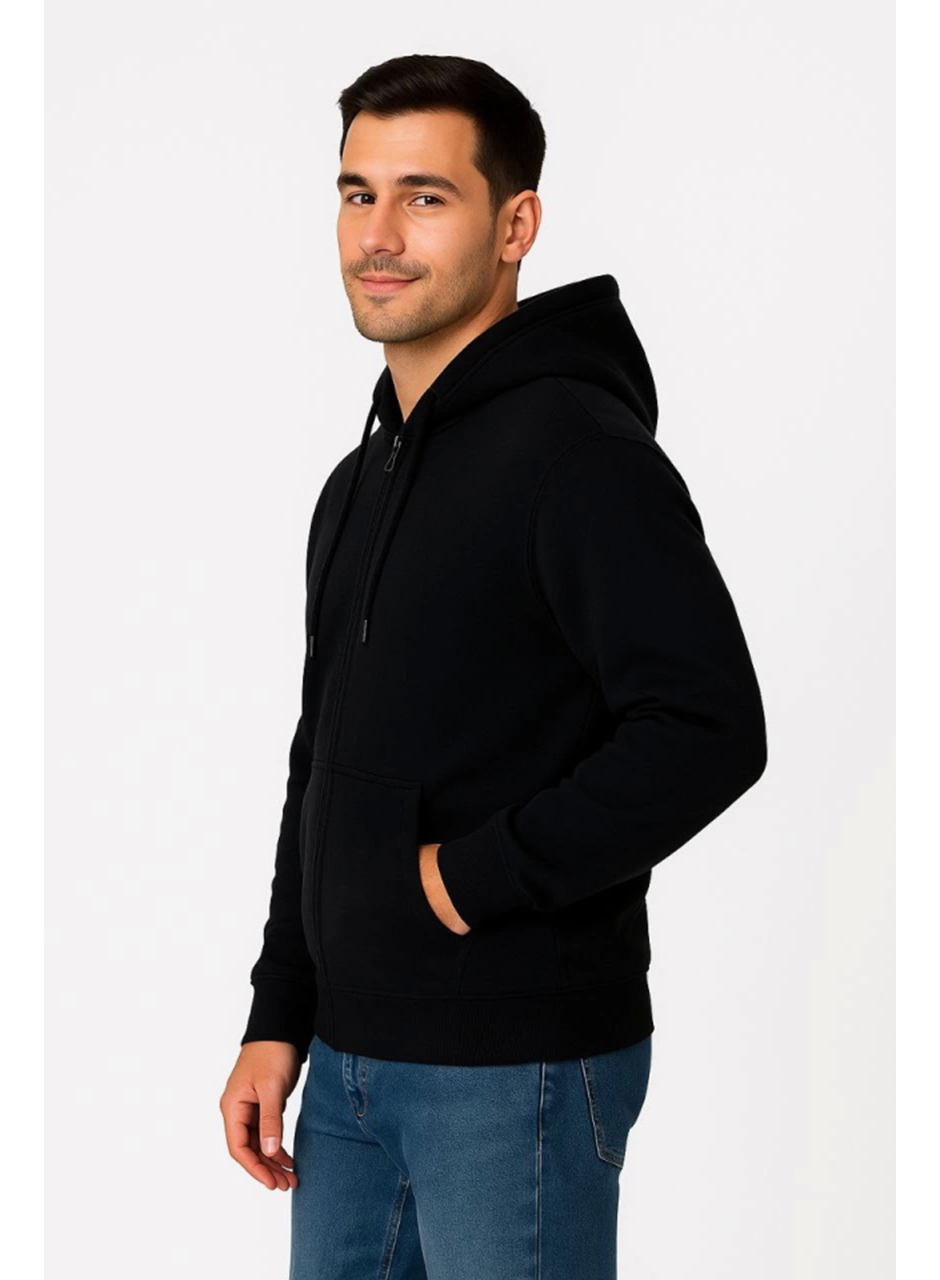 Erkek Üç İplik Kapüşonlu Tam Fermuarlı Kanguru Çepli SweatShirt Hoodie - Siyah