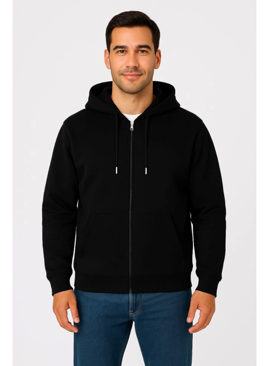 Erkek Üç İplik Kapüşonlu Tam Fermuarlı Kanguru Çepli SweatShirt Hoodie - Siyah