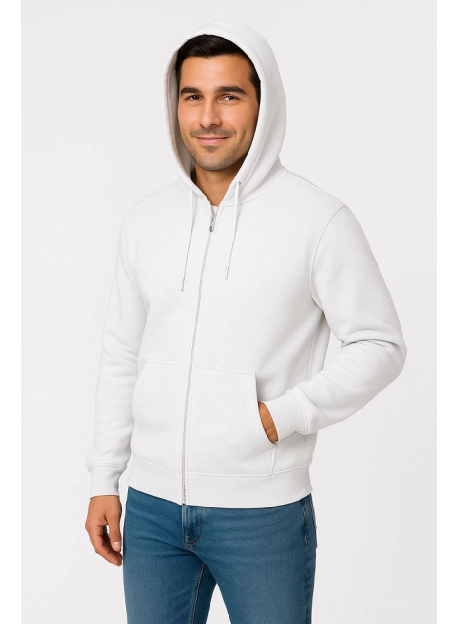 Erkek Üç İplik Kapüşonlu Tam Fermuarlı Kanguru Çepli SweatShirt Hoodie - Beyaz