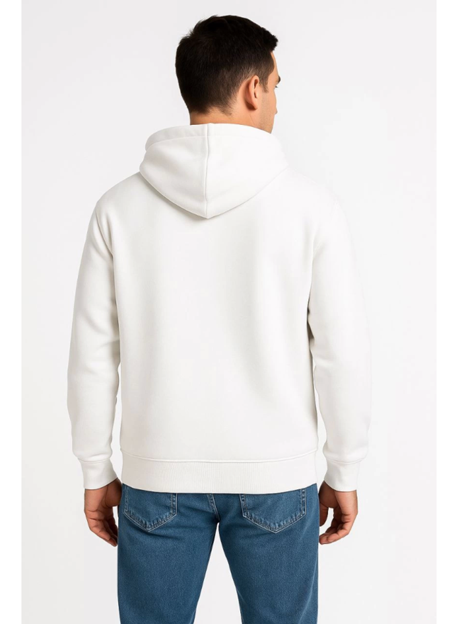 Erkek Üç İplik Kapüşonlu Tam Fermuarlı Kanguru Çepli SweatShirt Hoodie - Beyaz