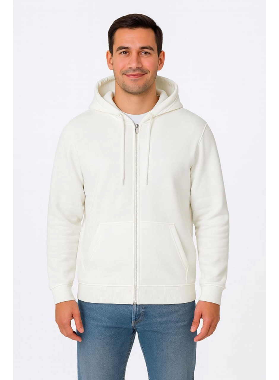 Erkek Üç İplik Kapüşonlu Tam Fermuarlı Kanguru Çepli SweatShirt Hoodie - Beyaz
