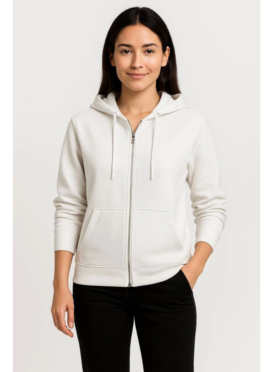 Üç İplik Kapüşonlu Tam Fermuarlı Kanguru Çepli SweatShirt Hoodie - Beyaz