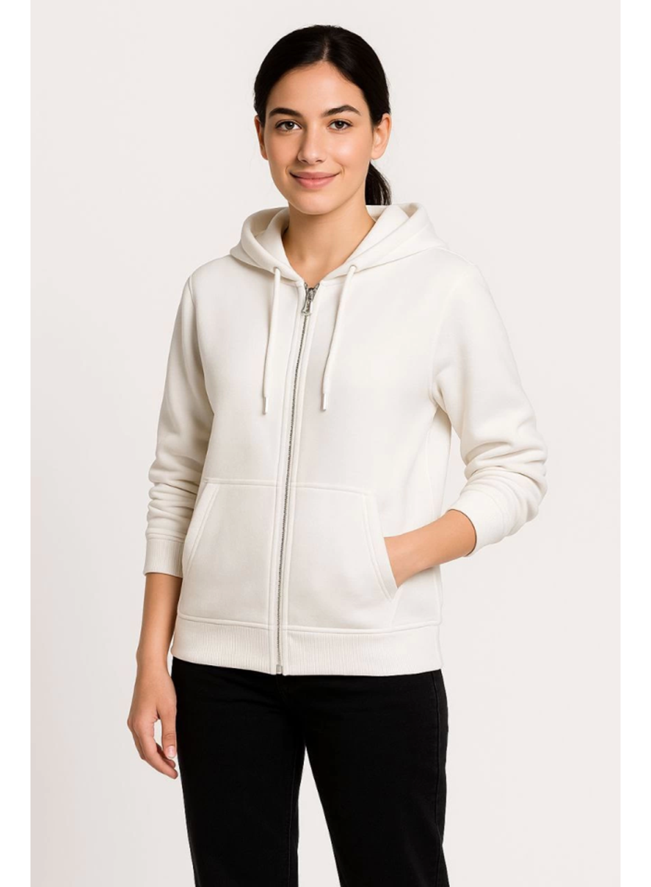 Üç İplik Kapüşonlu Tam Fermuarlı Kanguru Çepli SweatShirt Hoodie - Beyaz