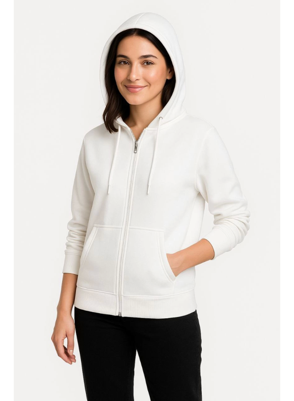 Üç İplik Kapüşonlu Tam Fermuarlı Kanguru Çepli SweatShirt Hoodie - Beyaz