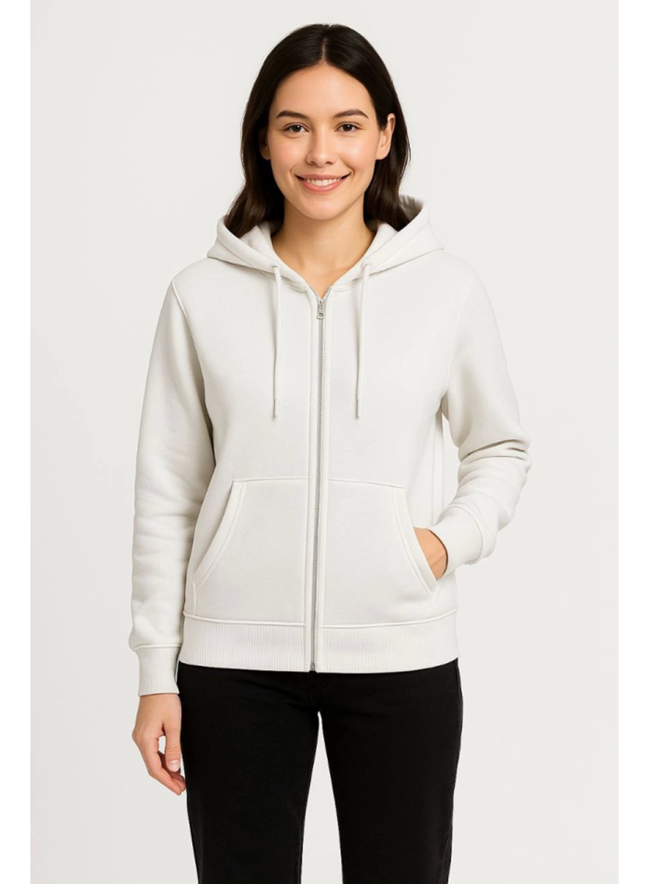 Üç İplik Kapüşonlu Tam Fermuarlı Kanguru Çepli SweatShirt Hoodie - Beyaz