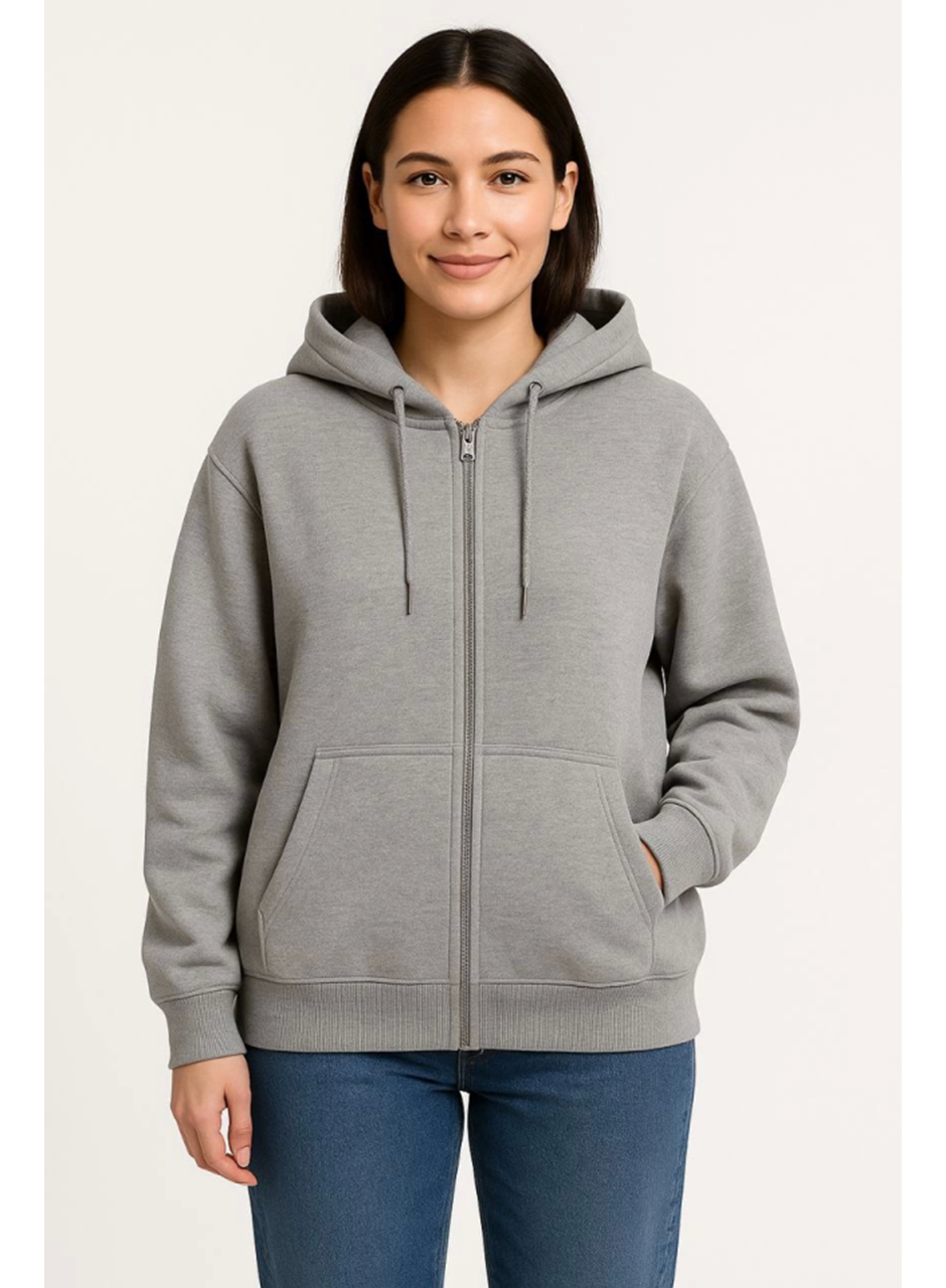 Üç İplik Kapüşonlu Tam Fermuarlı Kanguru Çepli SweatShirt Hoodie - Gri