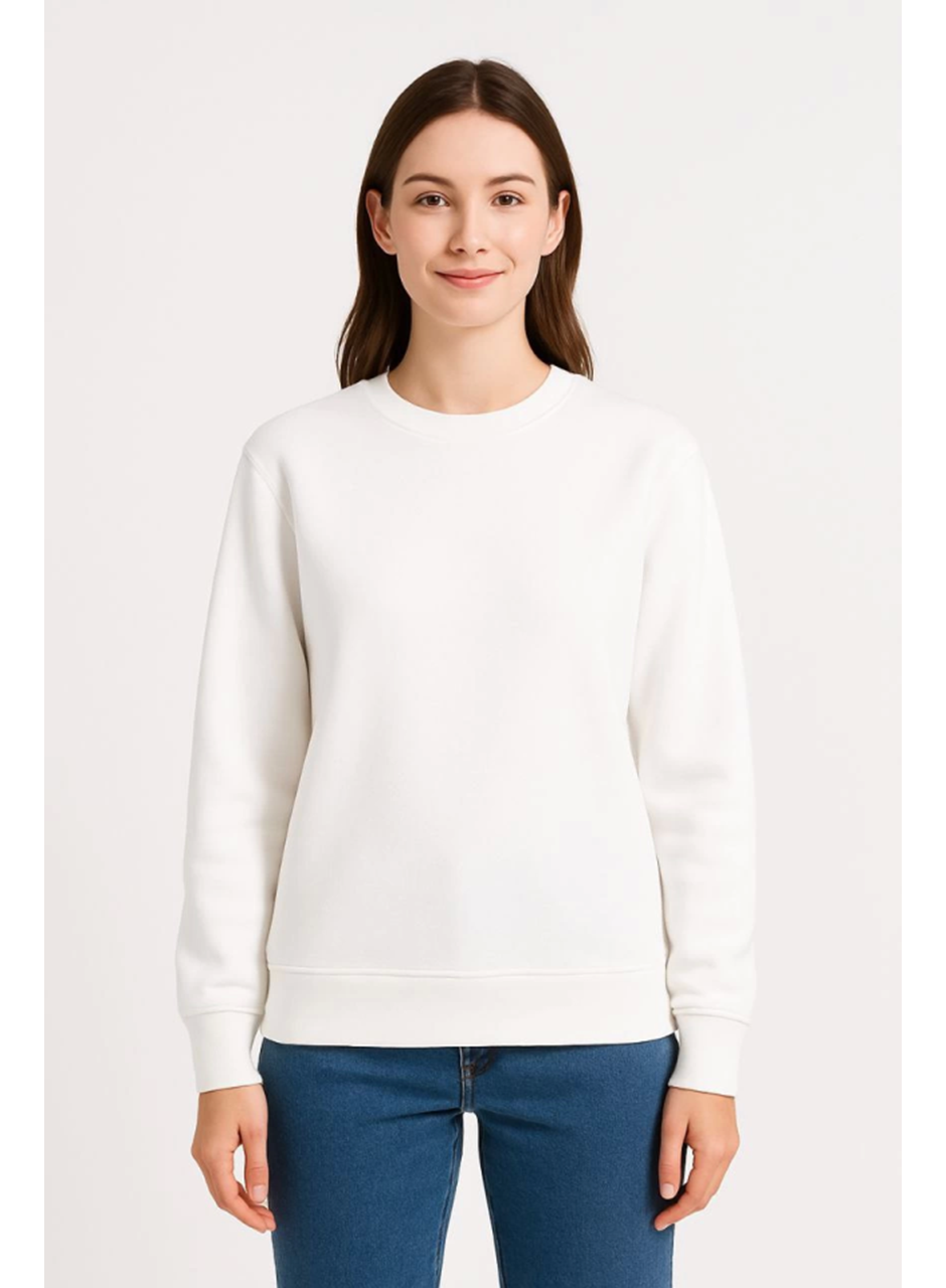 Üç İplik Düz Bisiklet Yaka SweatShirt - Beyaz