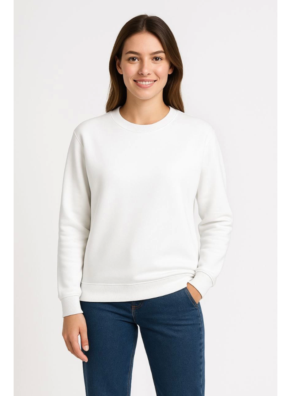 Üç İplik Düz Bisiklet Yaka SweatShirt - Beyaz