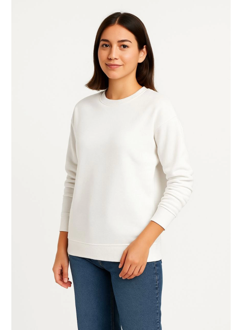 Üç İplik Düz Bisiklet Yaka SweatShirt - Beyaz