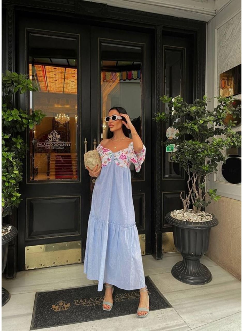 RENKLİ NAKIŞ DESENLİ ELBİSE - Mavi