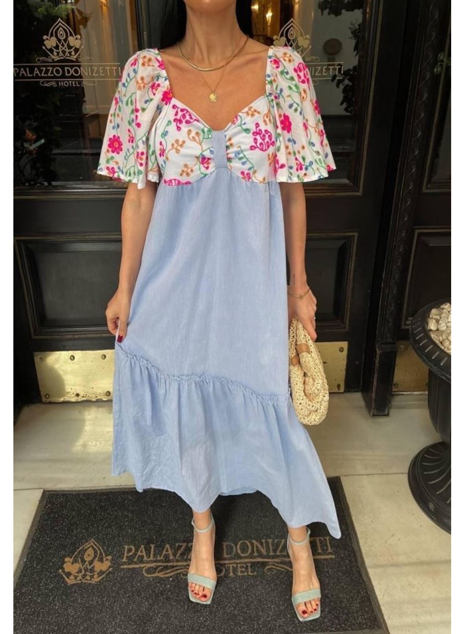 RENKLİ NAKIŞ DESENLİ ELBİSE - Mavi