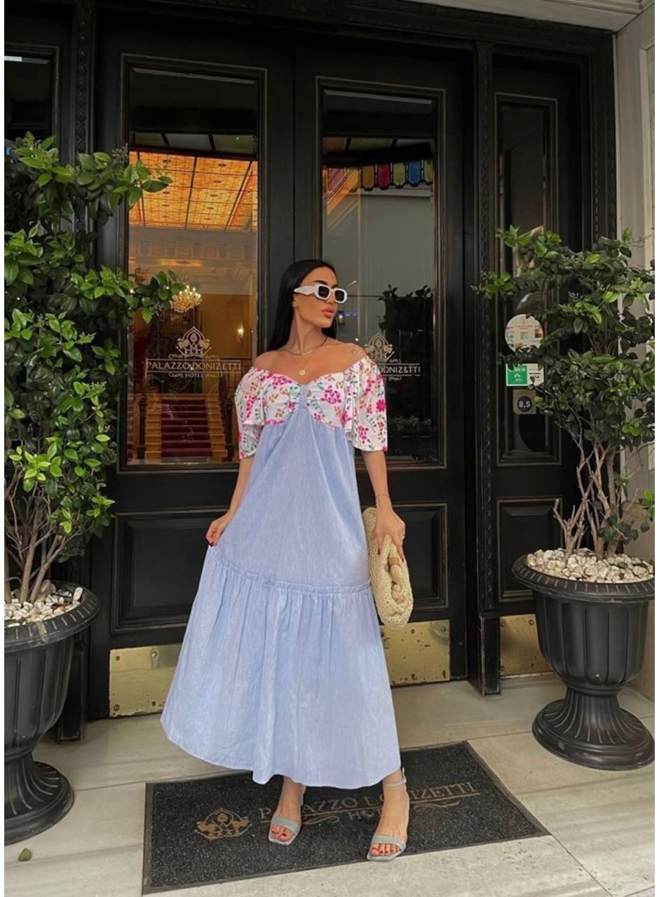 RENKLİ NAKIŞ DESENLİ ELBİSE - Mavi