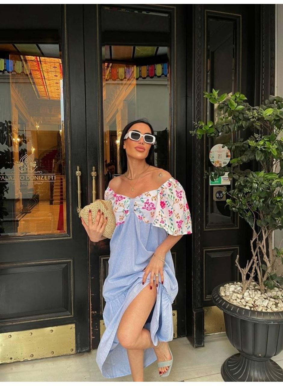 RENKLİ NAKIŞ DESENLİ ELBİSE - Mavi