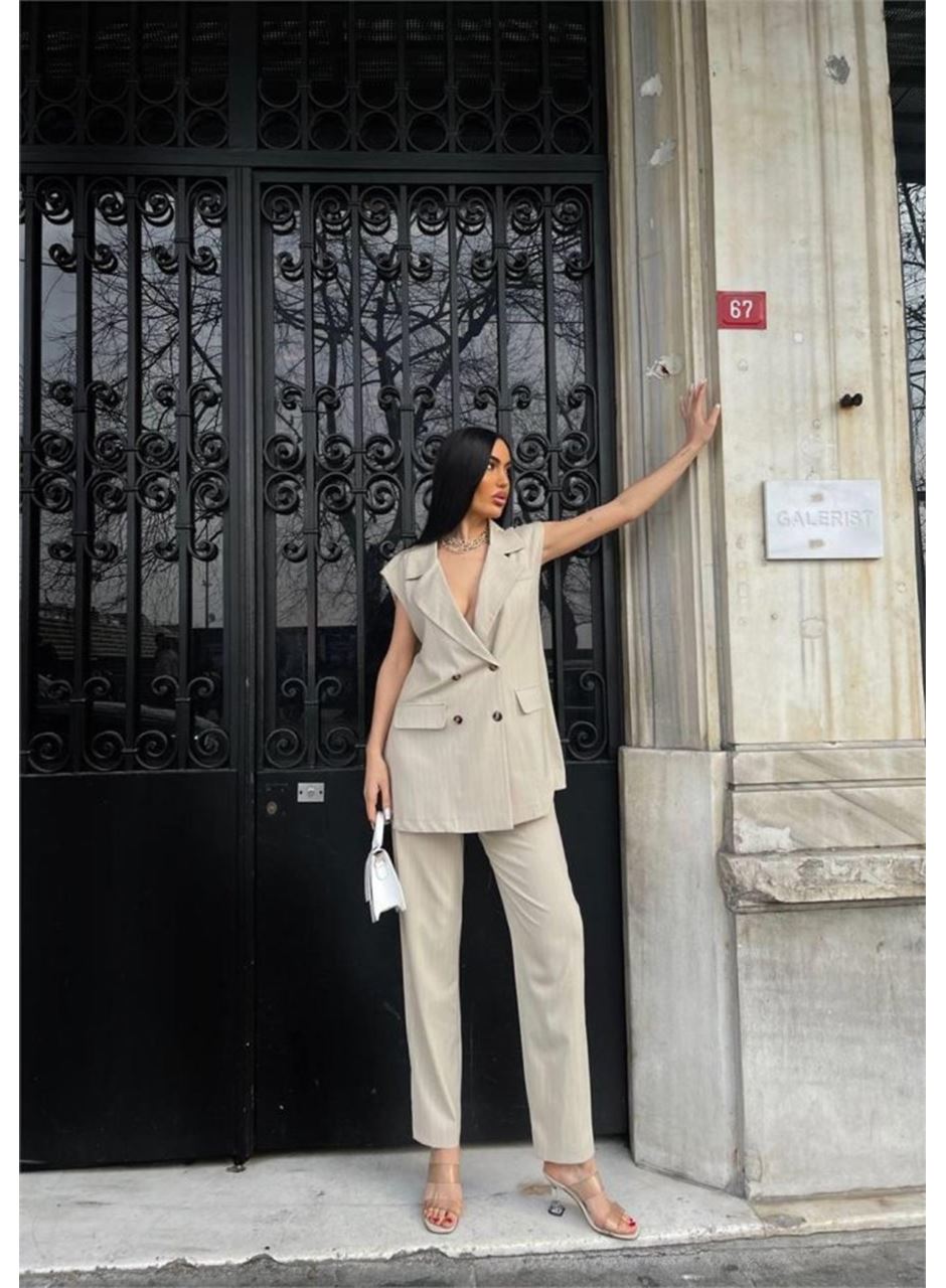 ÇİZGİLİ UZUN YELEK - PANTOLON TAKIM POLVİSCON - Bej