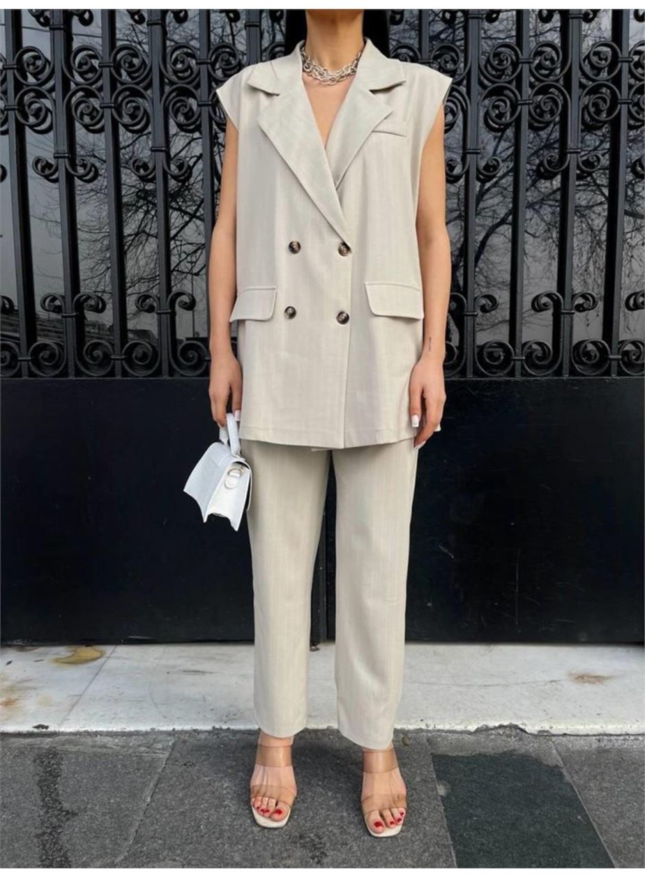 ÇİZGİLİ UZUN YELEK - PANTOLON TAKIM POLVİSCON - Bej