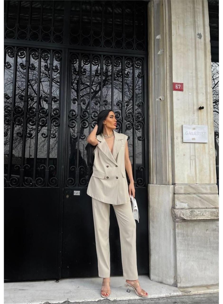 ÇİZGİLİ UZUN YELEK - PANTOLON TAKIM POLVİSCON - Bej