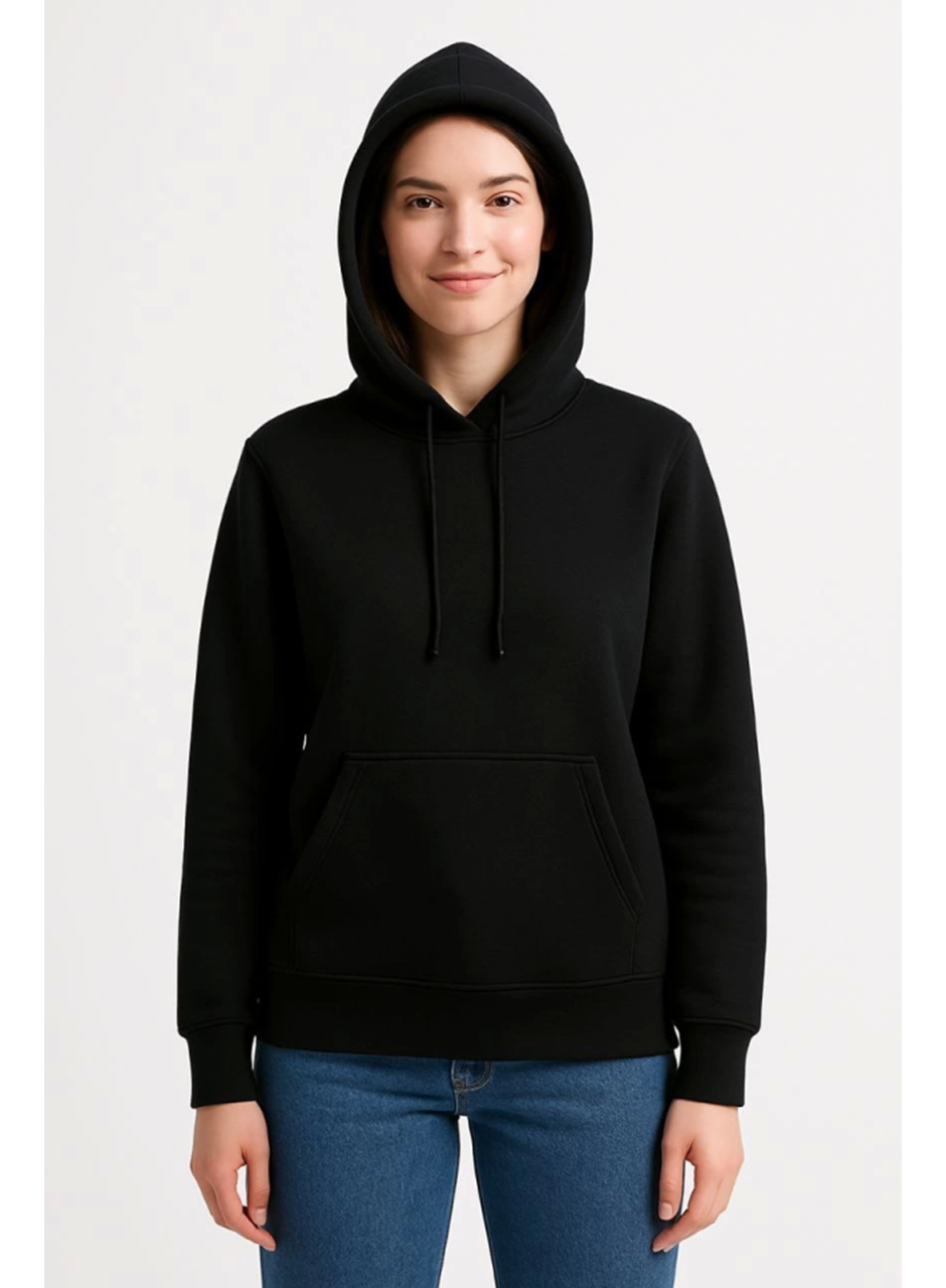 Üç İplik Kapüşonlu Kanguru Çepli SweatShirt Hoodie - Siyah