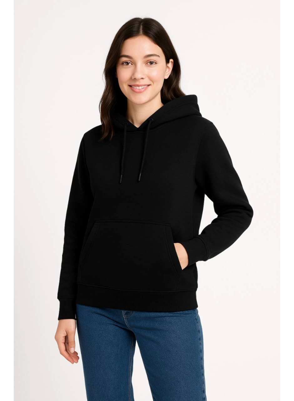 Üç İplik Kapüşonlu Kanguru Çepli SweatShirt Hoodie - Siyah