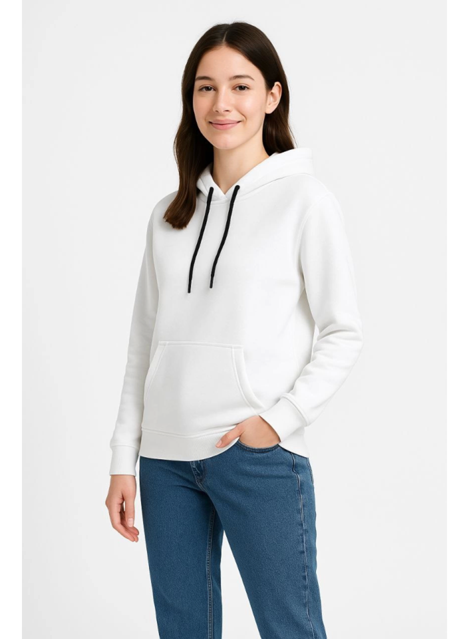 Üç İplik Kapüşonlu Kanguru Çepli SweatShirt Hoodie - Beyaz