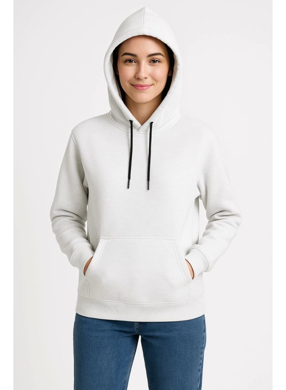 Üç İplik Kapüşonlu Kanguru Çepli SweatShirt Hoodie - Beyaz