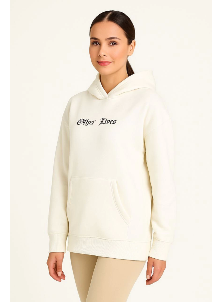 Üç İplik Kapşonlu ön Ve Arka Baskılı SweatShirt Hoodie- Beyaz