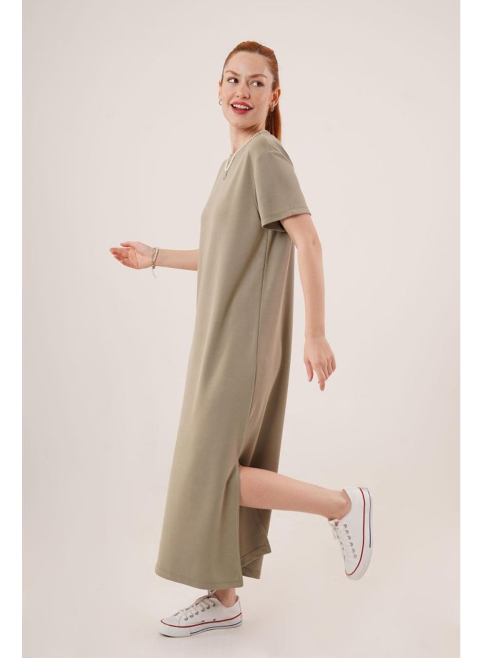 Yırtmaç Detaylı Kısa Kollu Salaş Maxi Yağ Yeşili Elbise