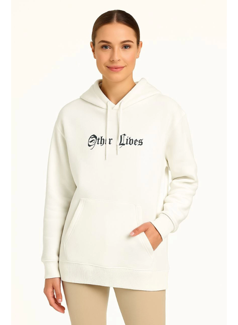 Üç İplik Kapşonlu ön Ve Arka Baskılı SweatShirt Hoodie- Beyaz
