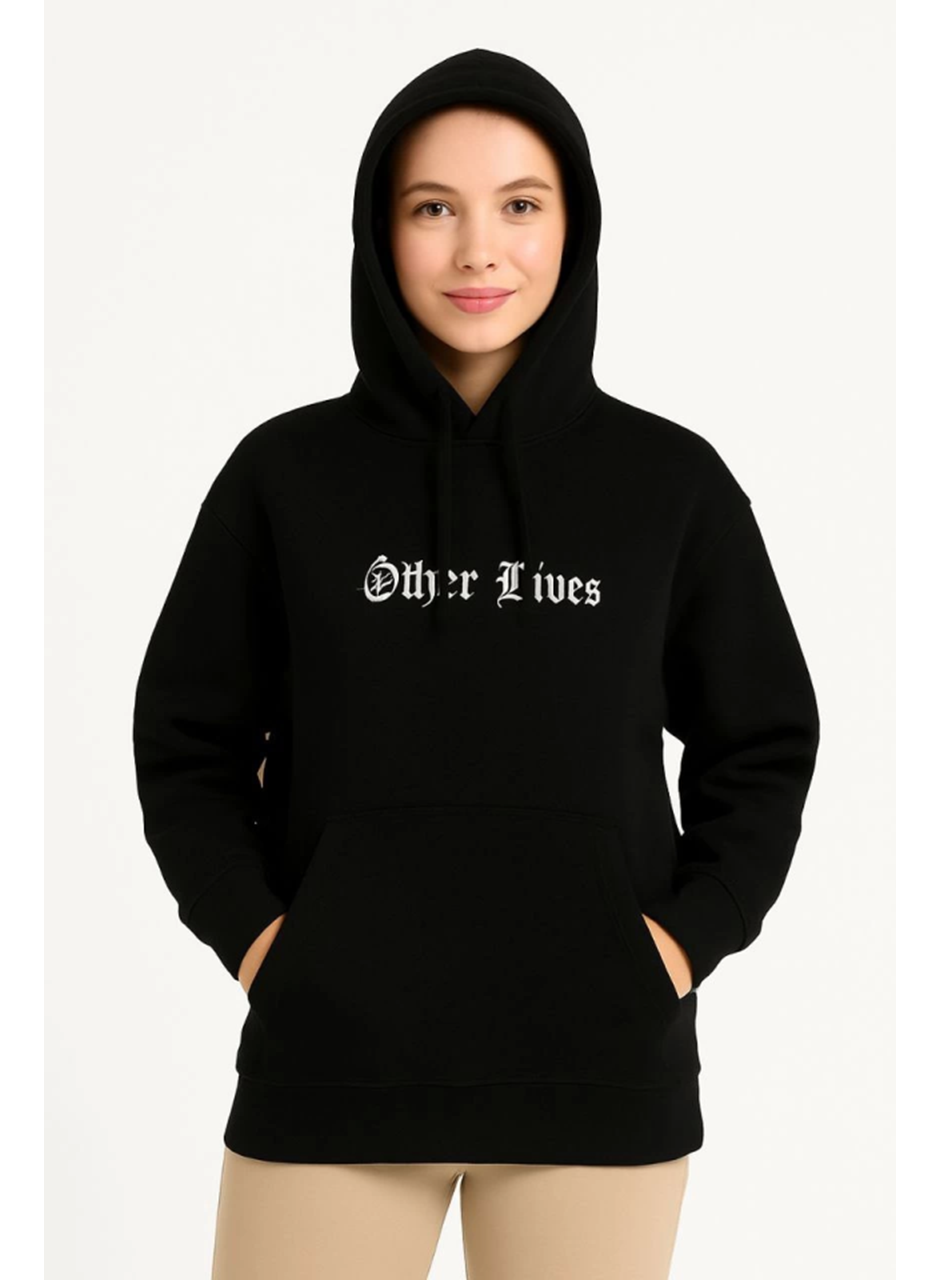 Üç İplik Kapşonlu ön Ve Arka Baskılı SweatShirt Hoodie- Siyah