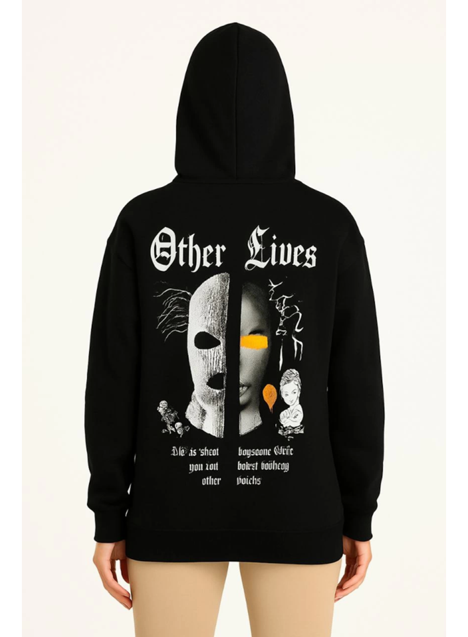 Üç İplik Kapşonlu ön Ve Arka Baskılı SweatShirt Hoodie- Siyah
