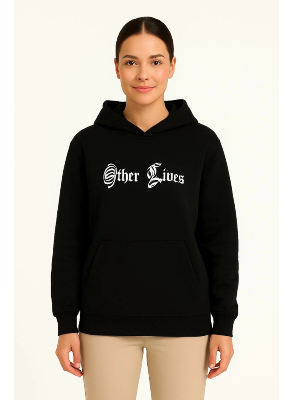 Üç İplik Kapşonlu ön Ve Arka Baskılı SweatShirt Hoodie- Siyah