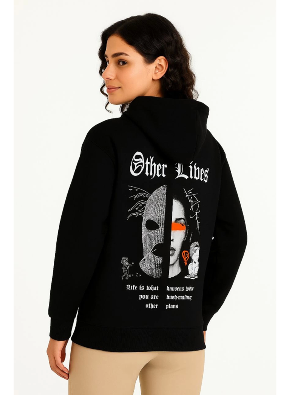 Üç İplik Kapşonlu ön Ve Arka Baskılı SweatShirt Hoodie- Siyah