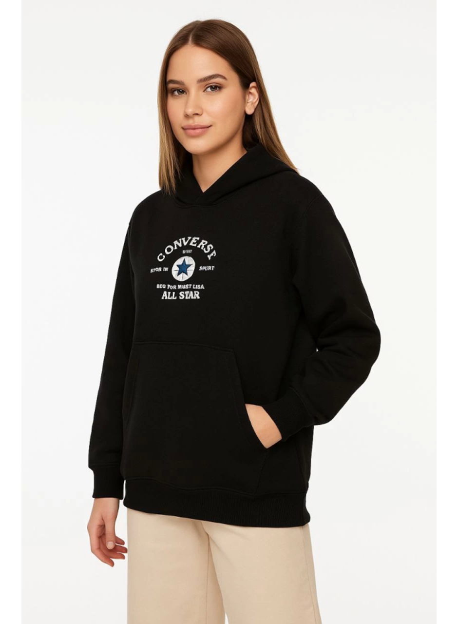Üç İplik Kapşonlu ön Ve Arka Baskılı SweatShirt Hoodie- Siyah