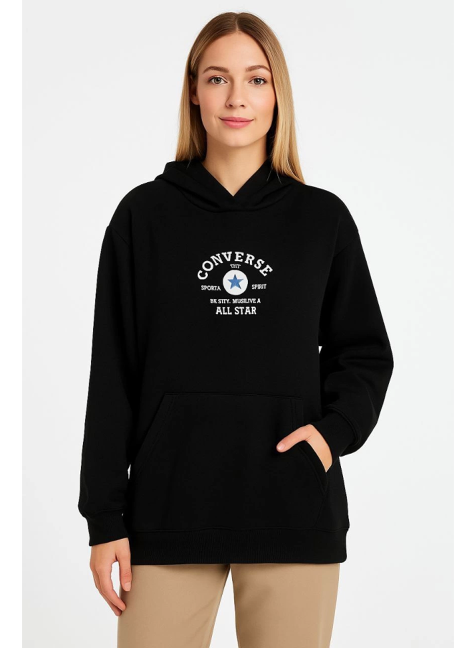 Üç İplik Kapşonlu ön Ve Arka Baskılı SweatShirt Hoodie- Siyah