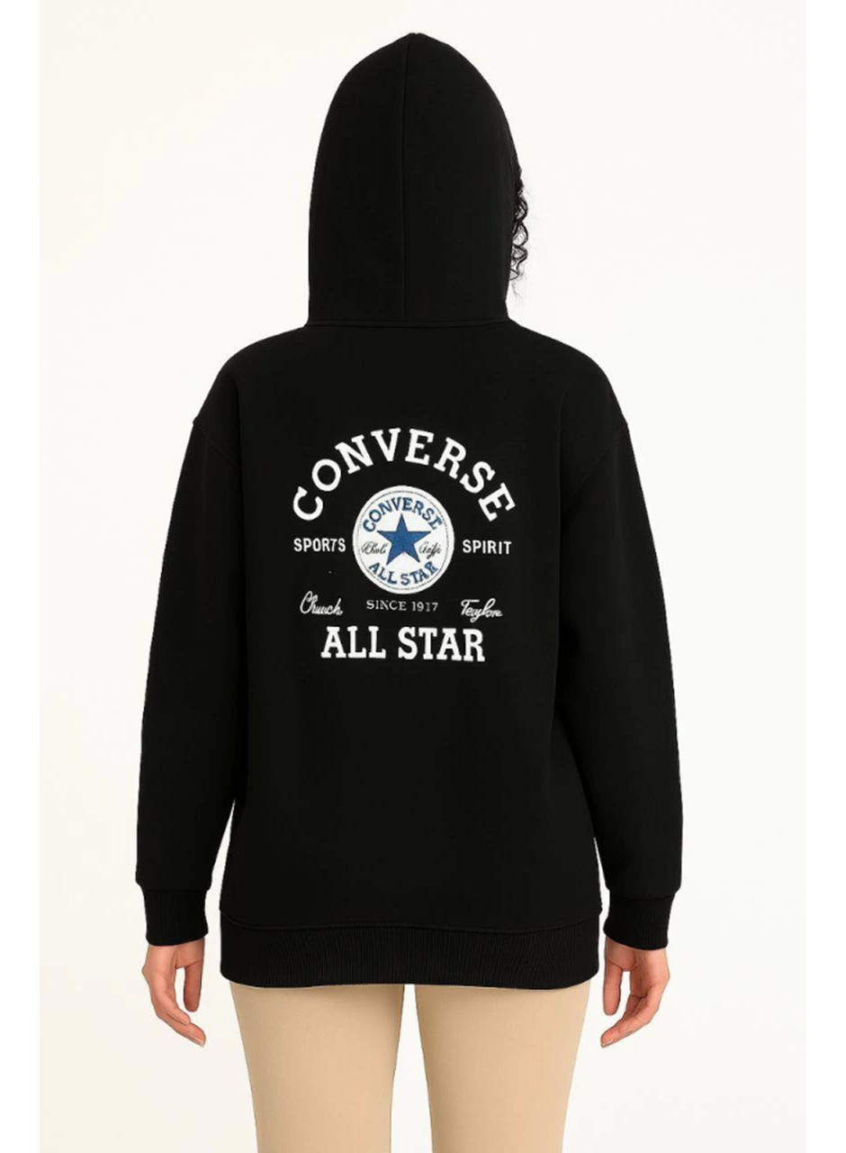 Üç İplik Kapşonlu ön Ve Arka Baskılı SweatShirt Hoodie- Siyah