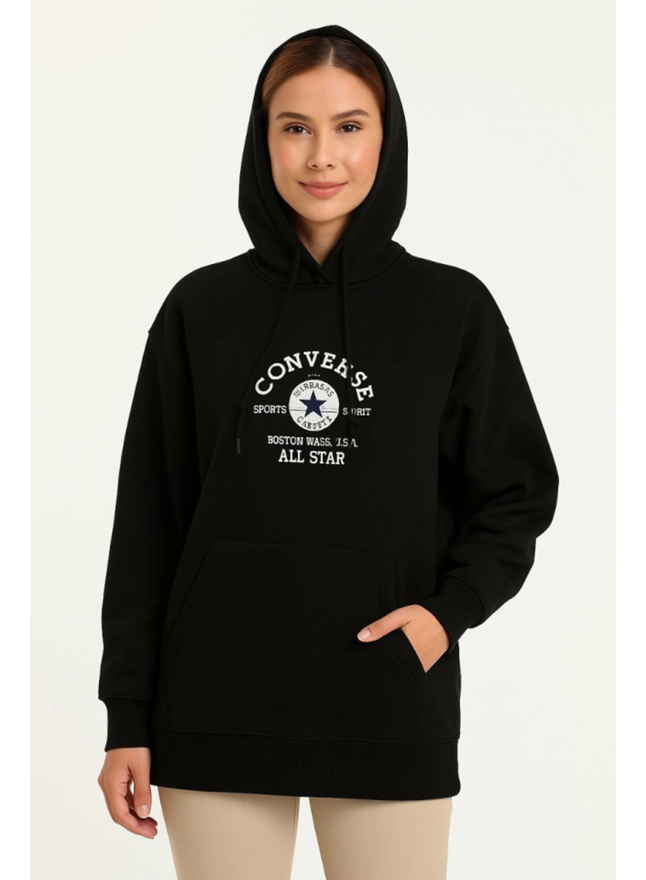 Üç İplik Kapşonlu ön Ve Arka Baskılı SweatShirt Hoodie- Siyah