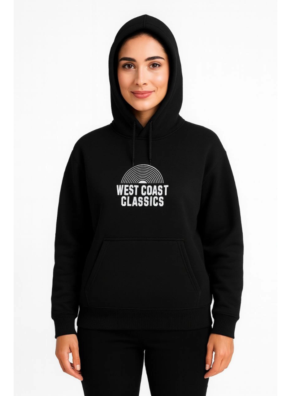 Üç İplik Kapüşonlu Ön Ve Arka Baskılı SweatShirt Hoodie - Siyah