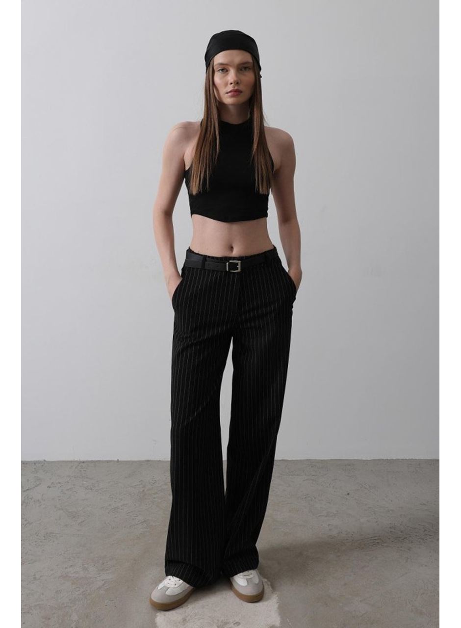 Kemerli Palazzo Pantolon - Siyah-Beyaz