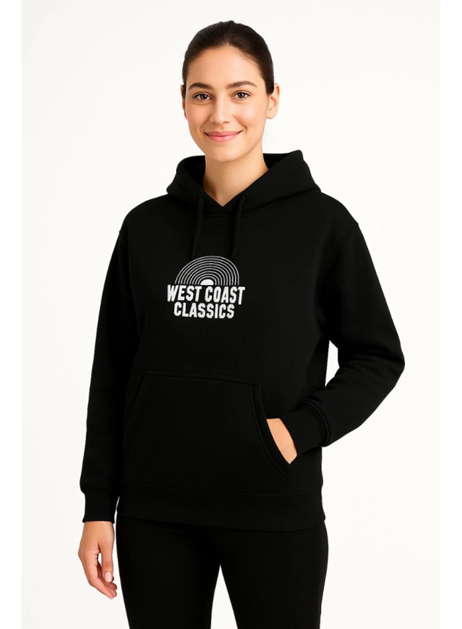Üç İplik Kapüşonlu Ön Ve Arka Baskılı SweatShirt Hoodie - Siyah