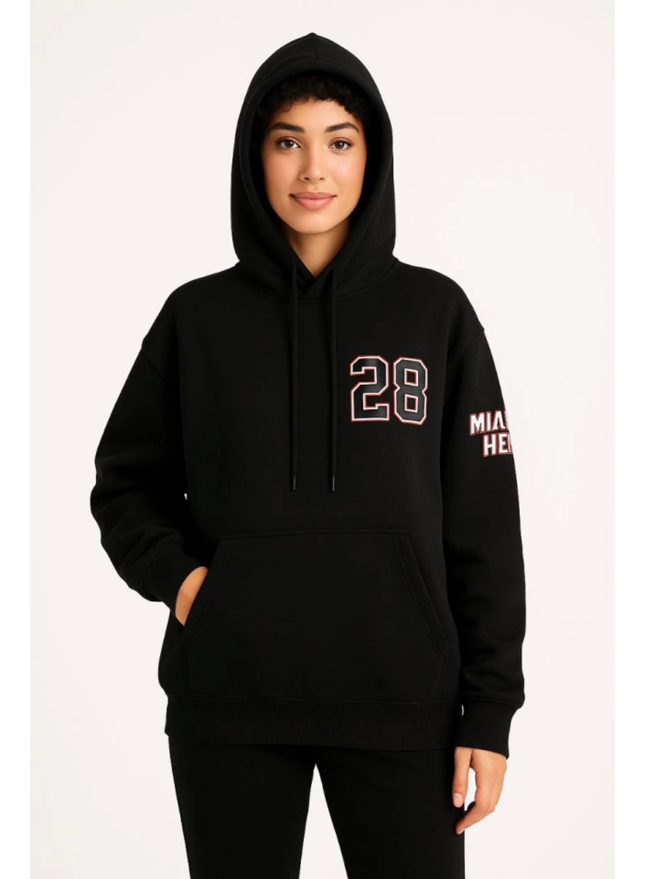 Üç İplik Kapüşonlu Ön Ve Arka Baskılı SweatShirt Hoodie - Siyah